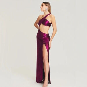 RETROFETE Galena One Shoulder Maxi Dress Metallic Magenta Formal Evening Gown, M